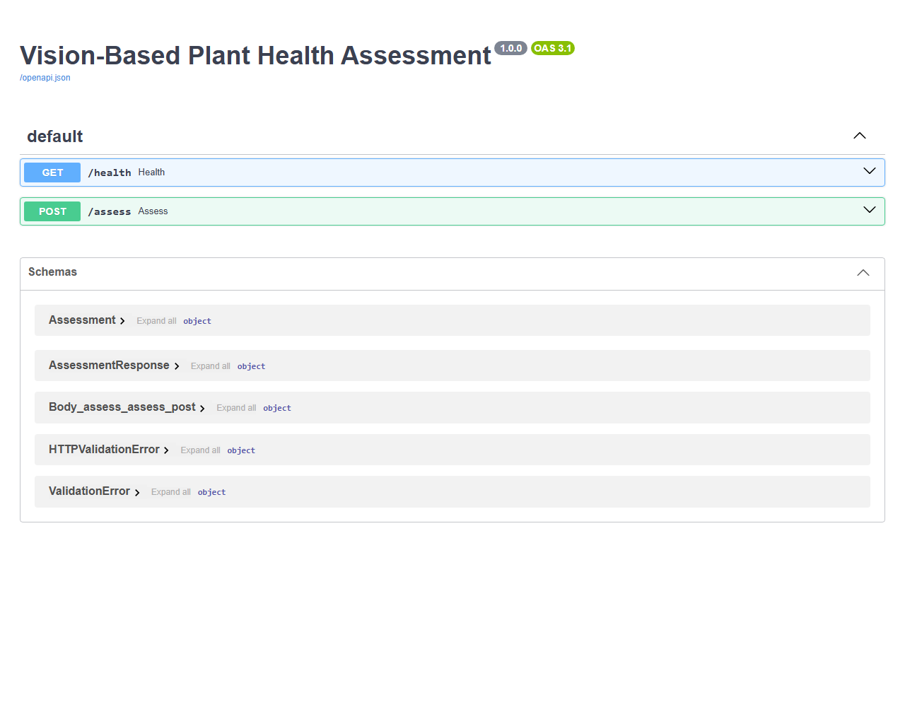 Screenshot of the FastAPI documentation page for the plant health app, listing a GET health endpoint and a POST assess endpoint, with response schemas below.