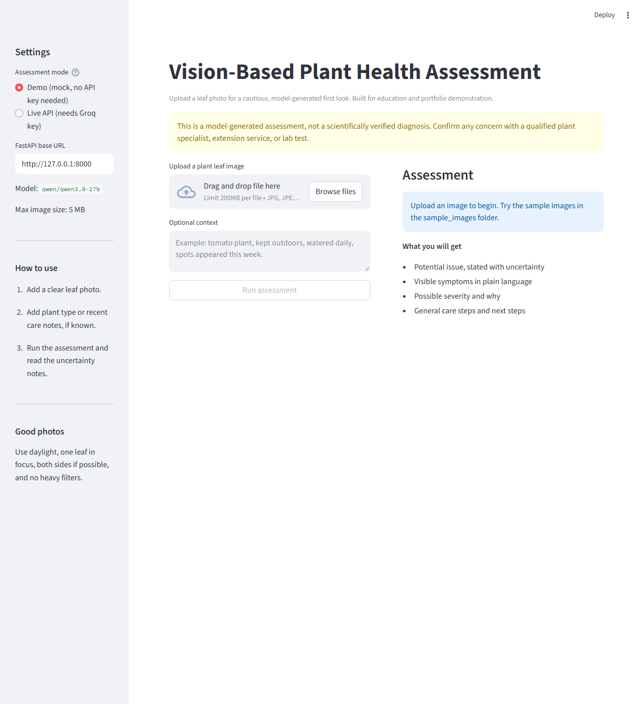 Screenshot of the plant health app. The sidebar shows demo mode selected, the FastAPI address, and the model name qwen/qwen3.8-27b. The main area shows a leaf image upload control, an optional context box, and a note that results are not verified diagnoses.